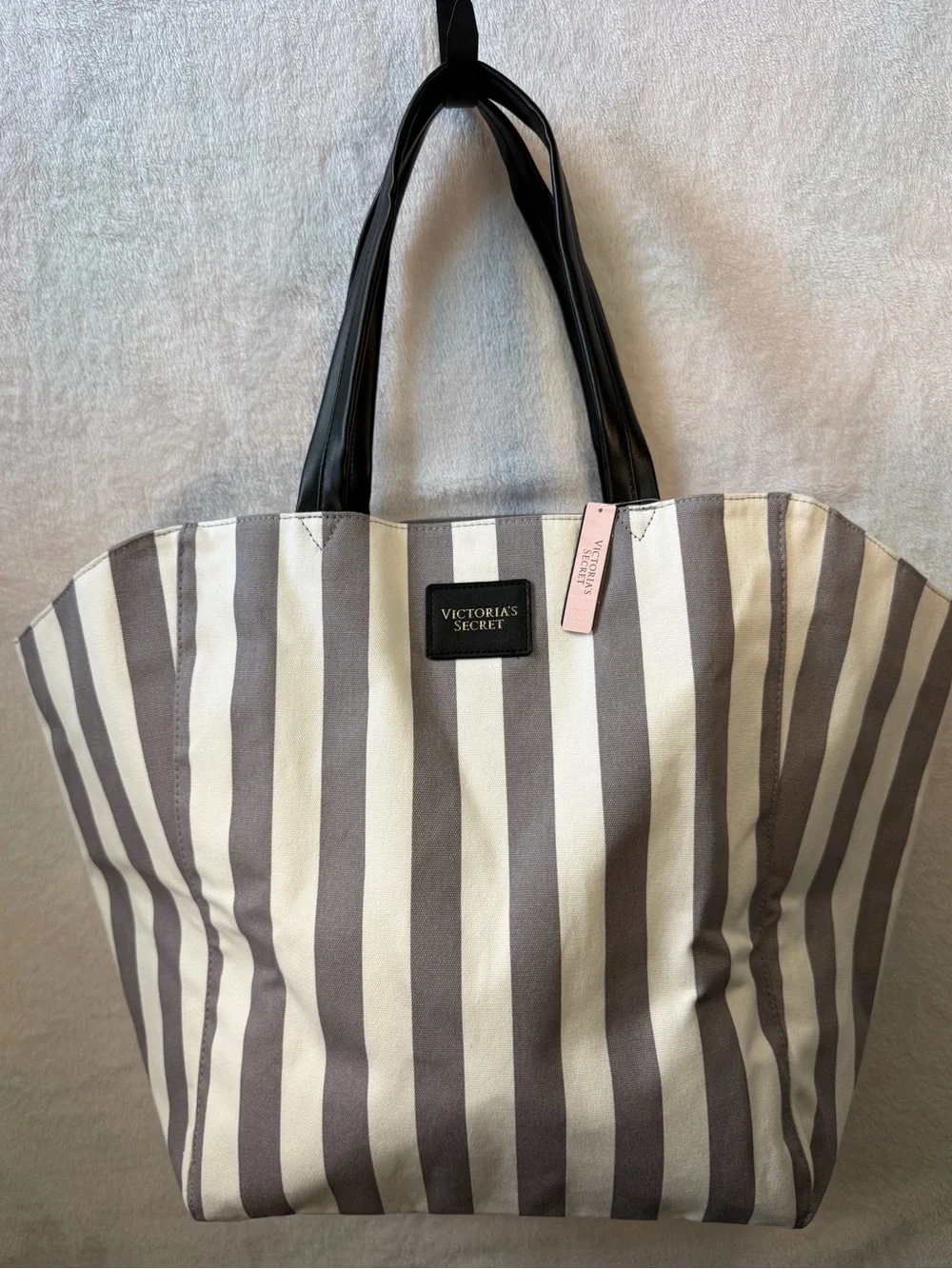 Victoria's Secret Gray and White Striped Canvas Tote with Black Handles NWT